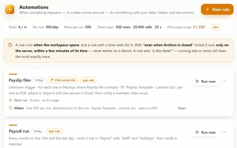 The Automations page with rules for payslips and the payroll run, each with a Run now button