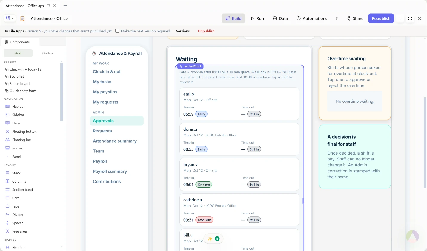 Archivo AppSwift with an Attendance and Payroll app open