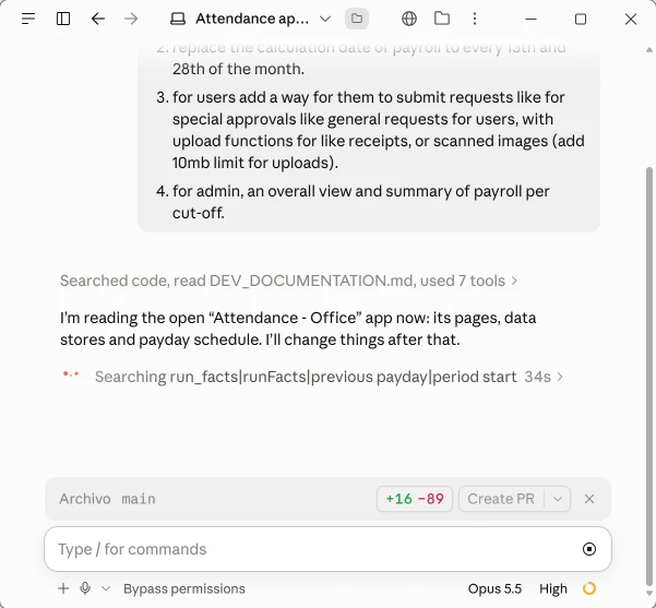 A Claude Code chat window that is changing the Attendance app