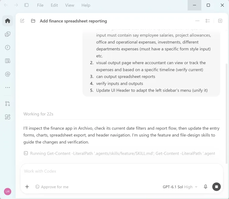 A ChatGPT Codex window that is adding finance reporting to the app