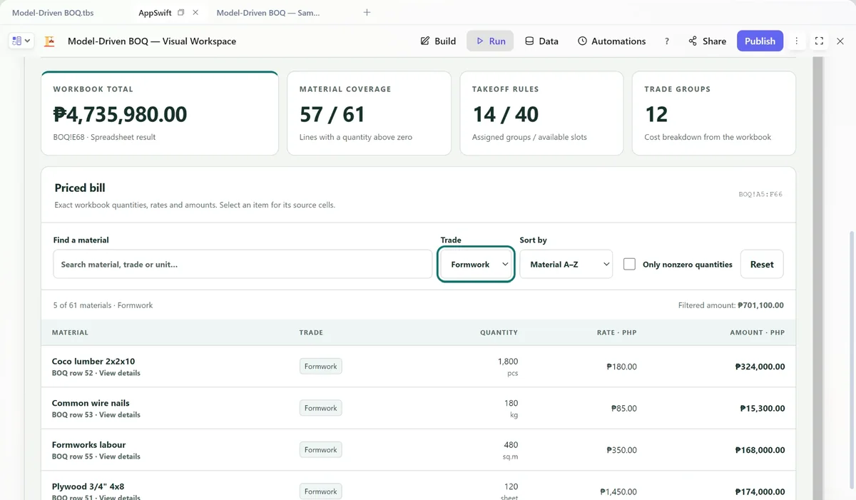An AppSwift bill of quantities app with workbook totals and a priced list of materials