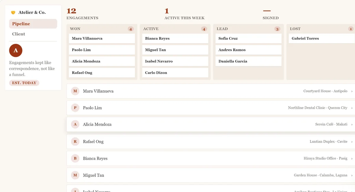 A client pipeline app with engagements sorted into won, active, lead and lost