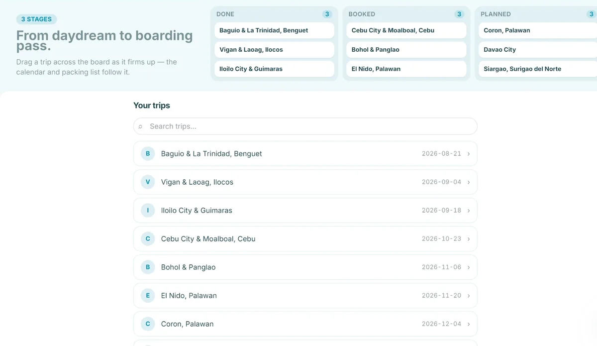 A travel planner app with trips sorted into done, booked and planned