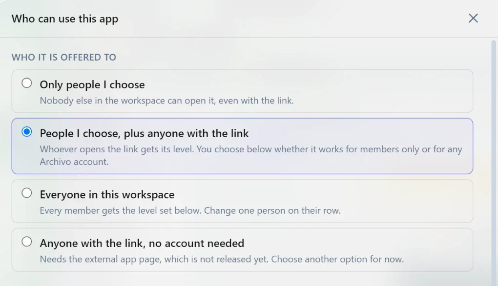 The share dialog, where you choose who the app is offered to