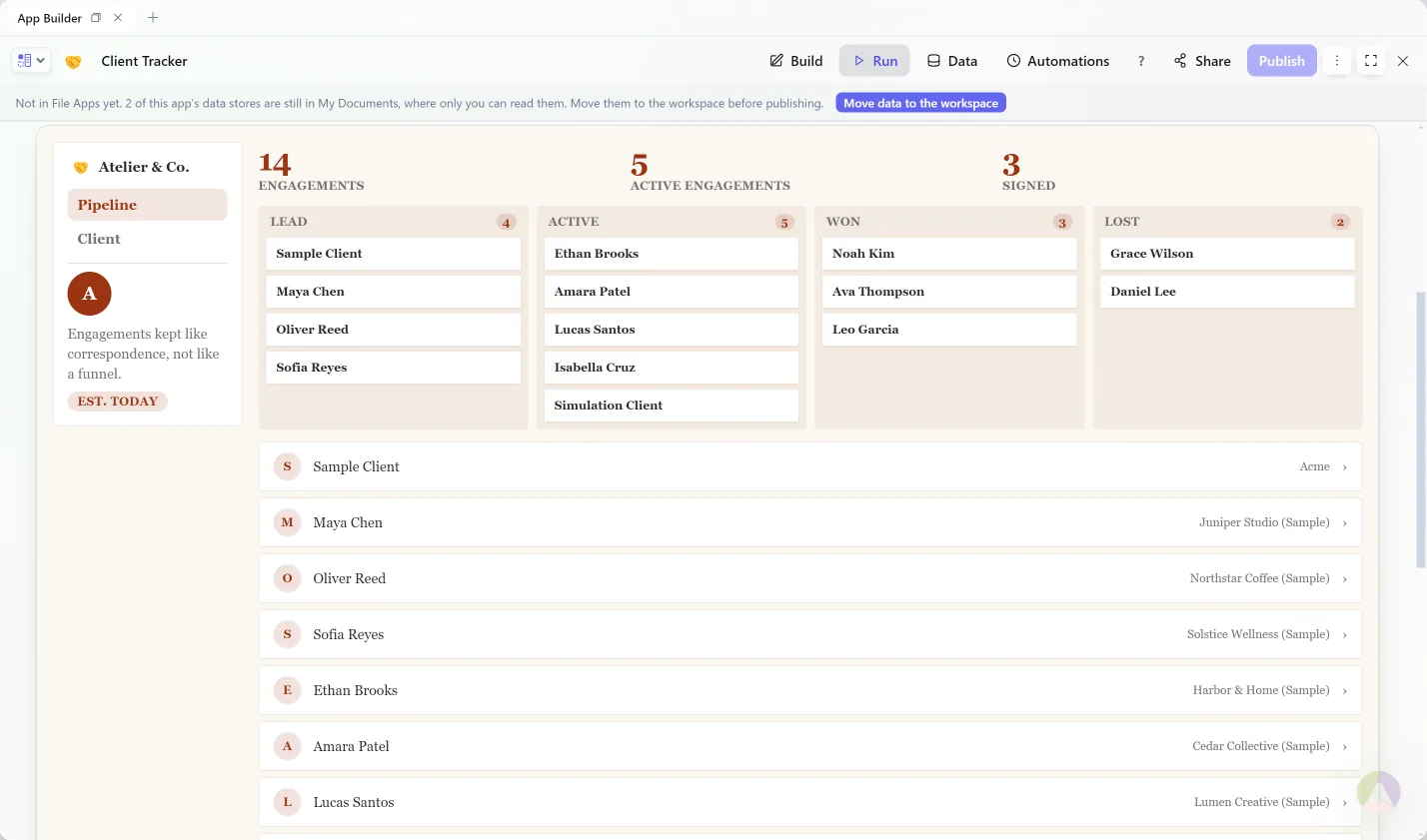 AppSwift: a client tracker app with a pipeline board