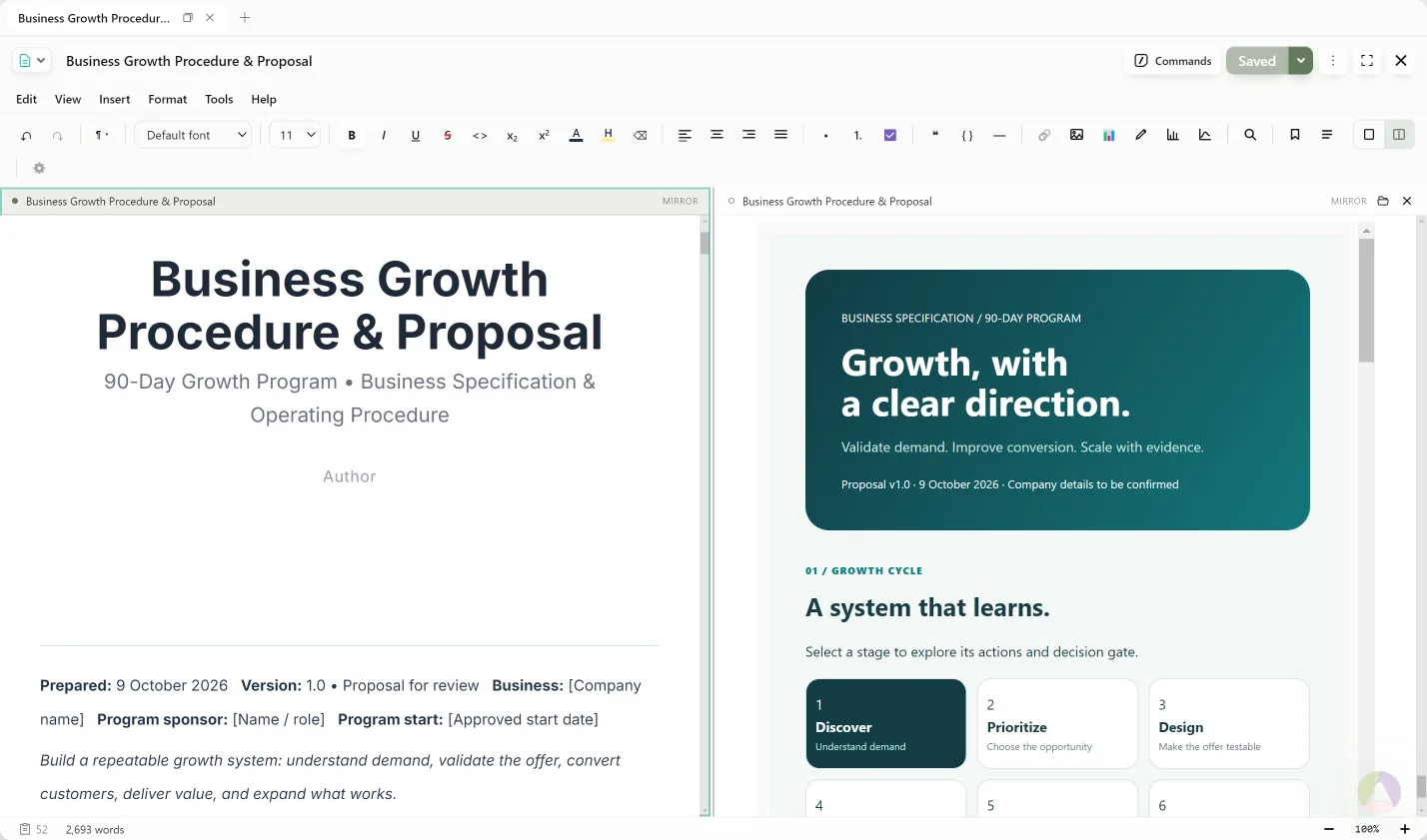 Docs: a proposal beside its live design mirror