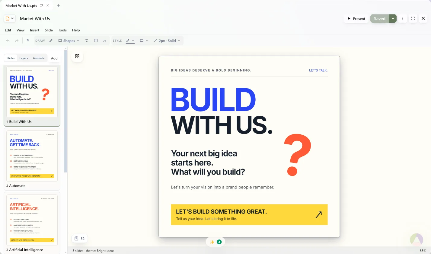 Presentations: a slide deck with its slide list