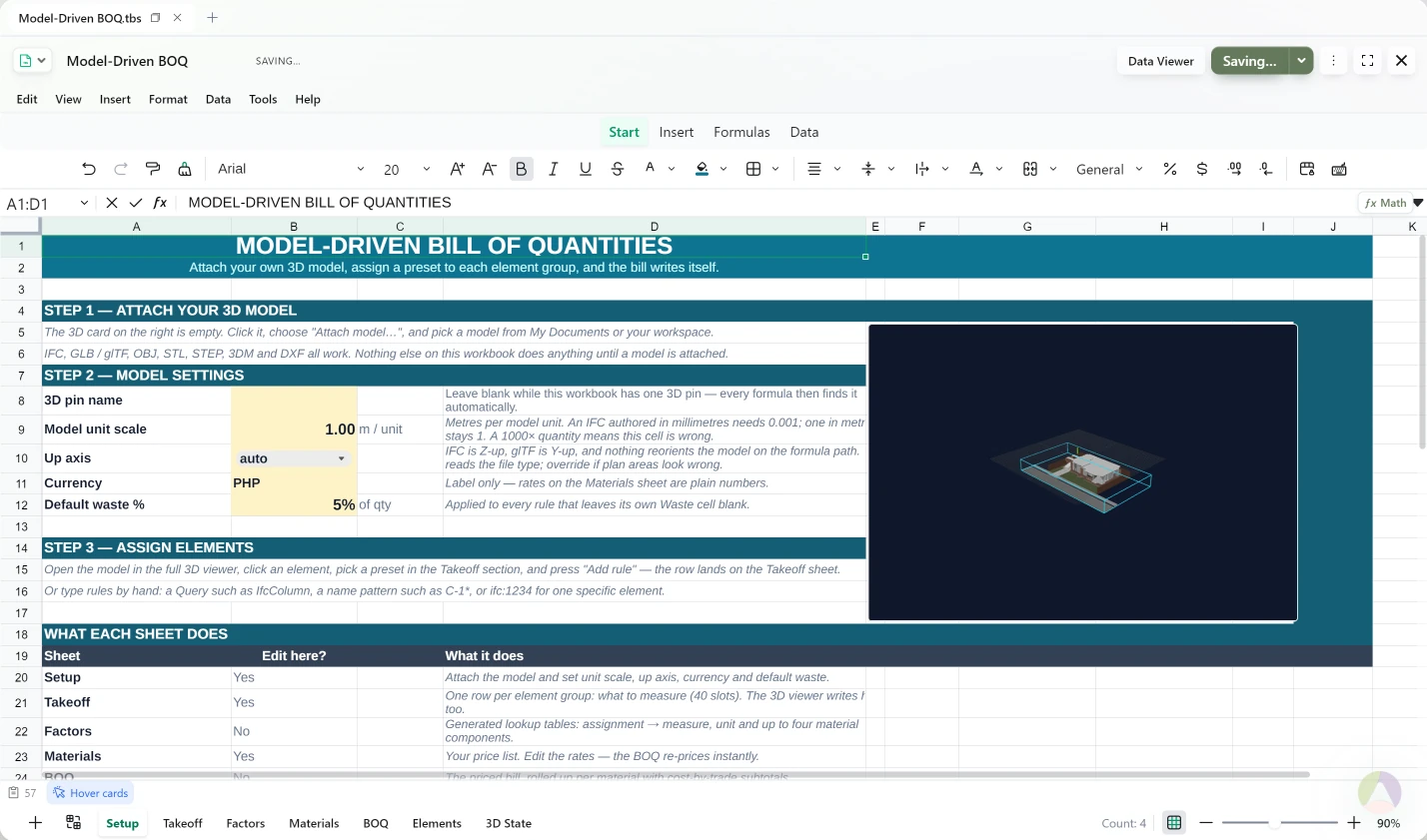 TableSheets: a bill of quantities that reads a 3D model